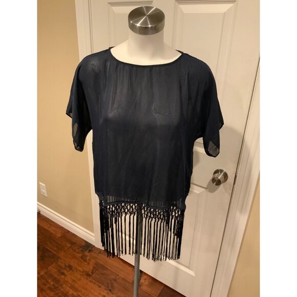 Michael Kors Navy Blue Sheer Short Sleeve Top w/ Fringe Hem, Size 10, NWT! - Picture 1 of 7